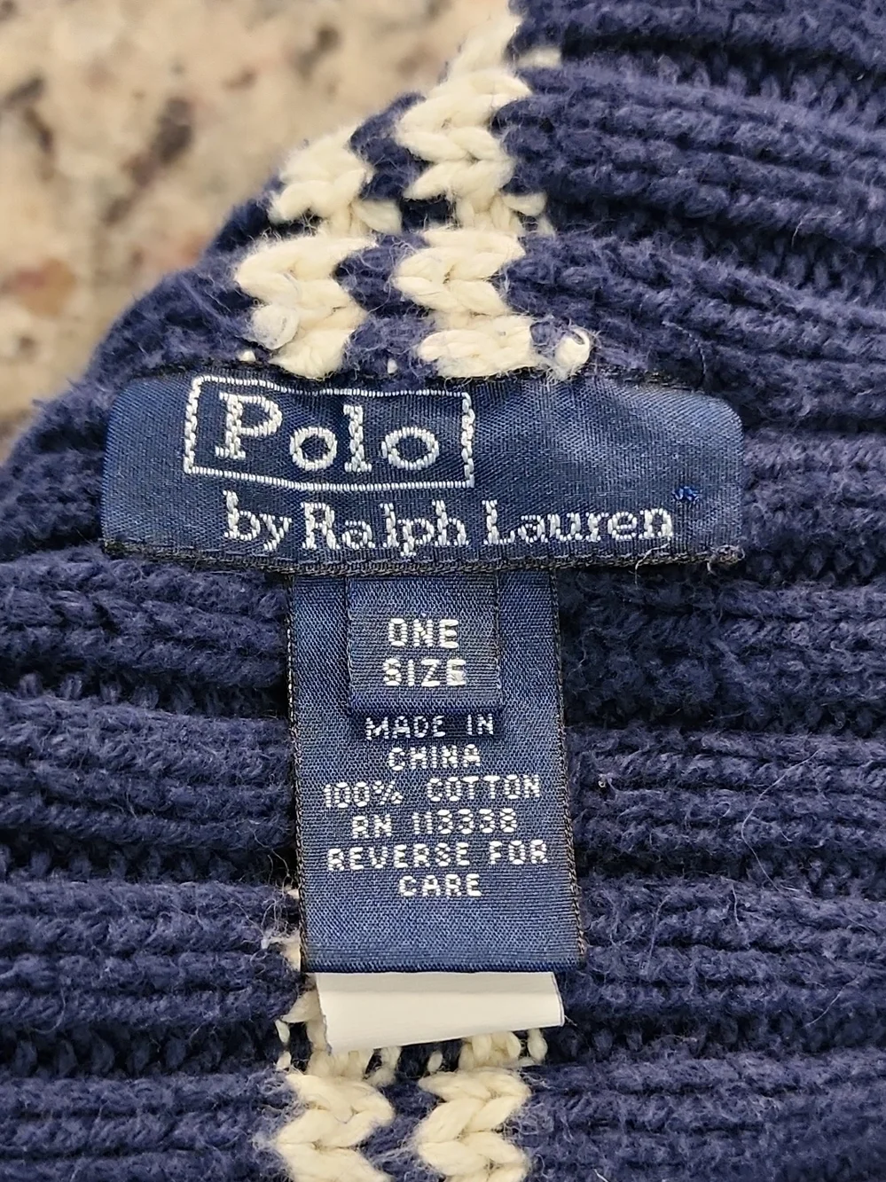 Ralph Lauren Navy and White Knit Beanie Vintage Y2k